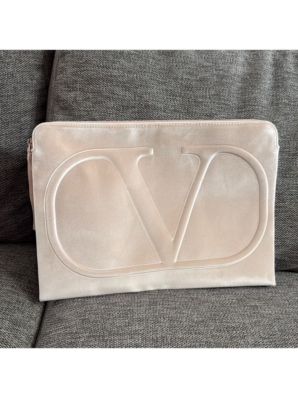Valentino Beauty Nude Beige Velvet XL Flat Pouch  New